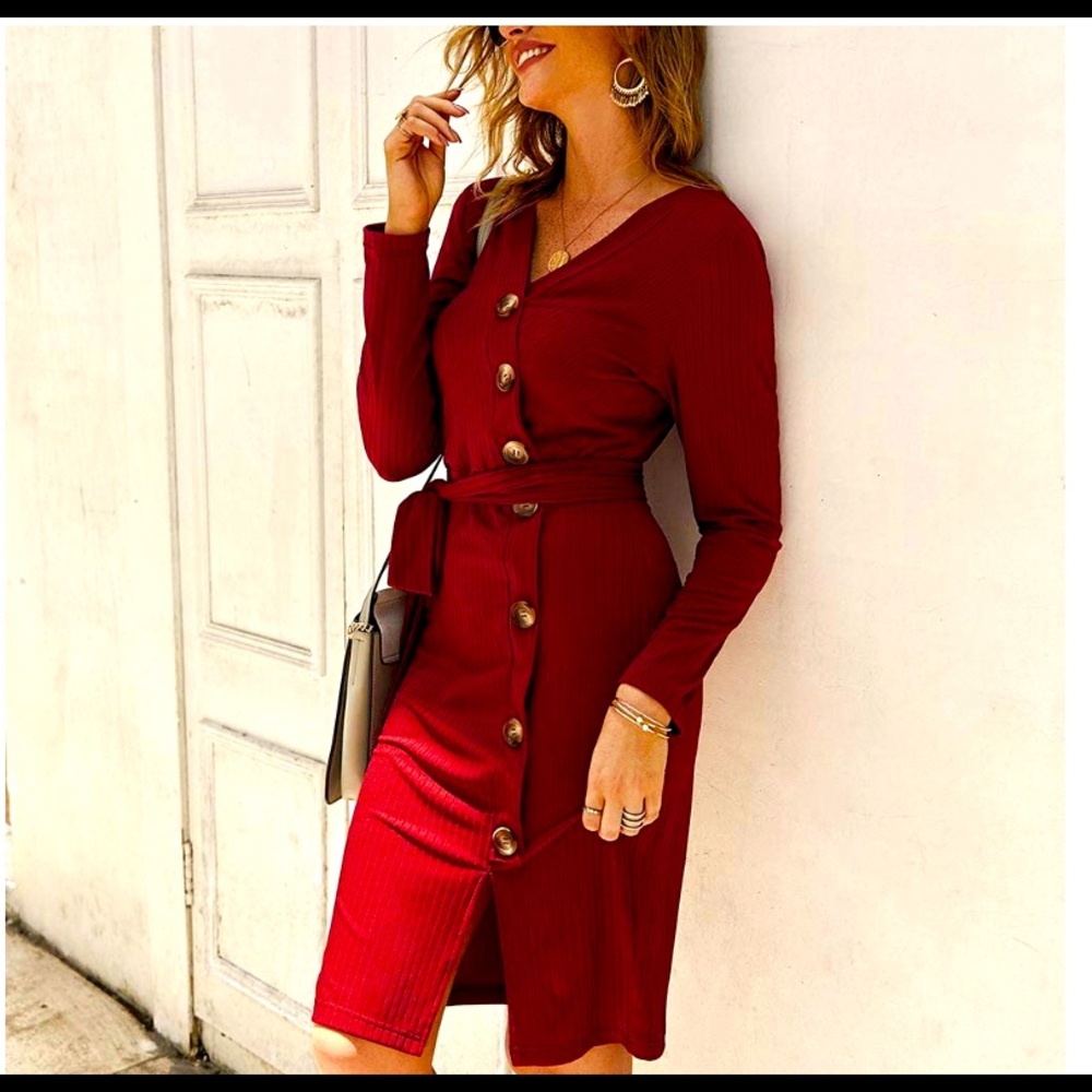 Long Sleeved Ribbed V-Neck Dress.